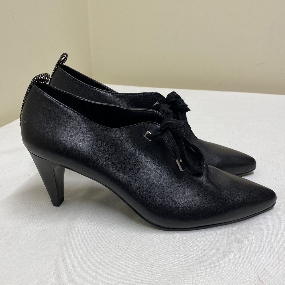 LOGO  by Lori Goldstein Josephine Black Leather Pointy Toe Lace Up Heels Size 7 - Picture 3 of 12